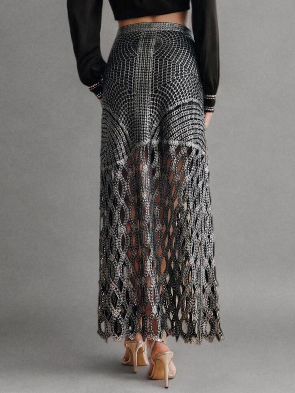 NWT Elegant Euro Sheer Knotted Crochet Lace Silver Metallic A-Line Maxi Skirt - Picture 3 of 12
